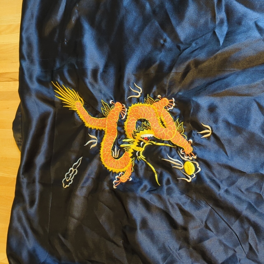 Navy Silk Chinese Robe With Pockets And Dragon Embroidery